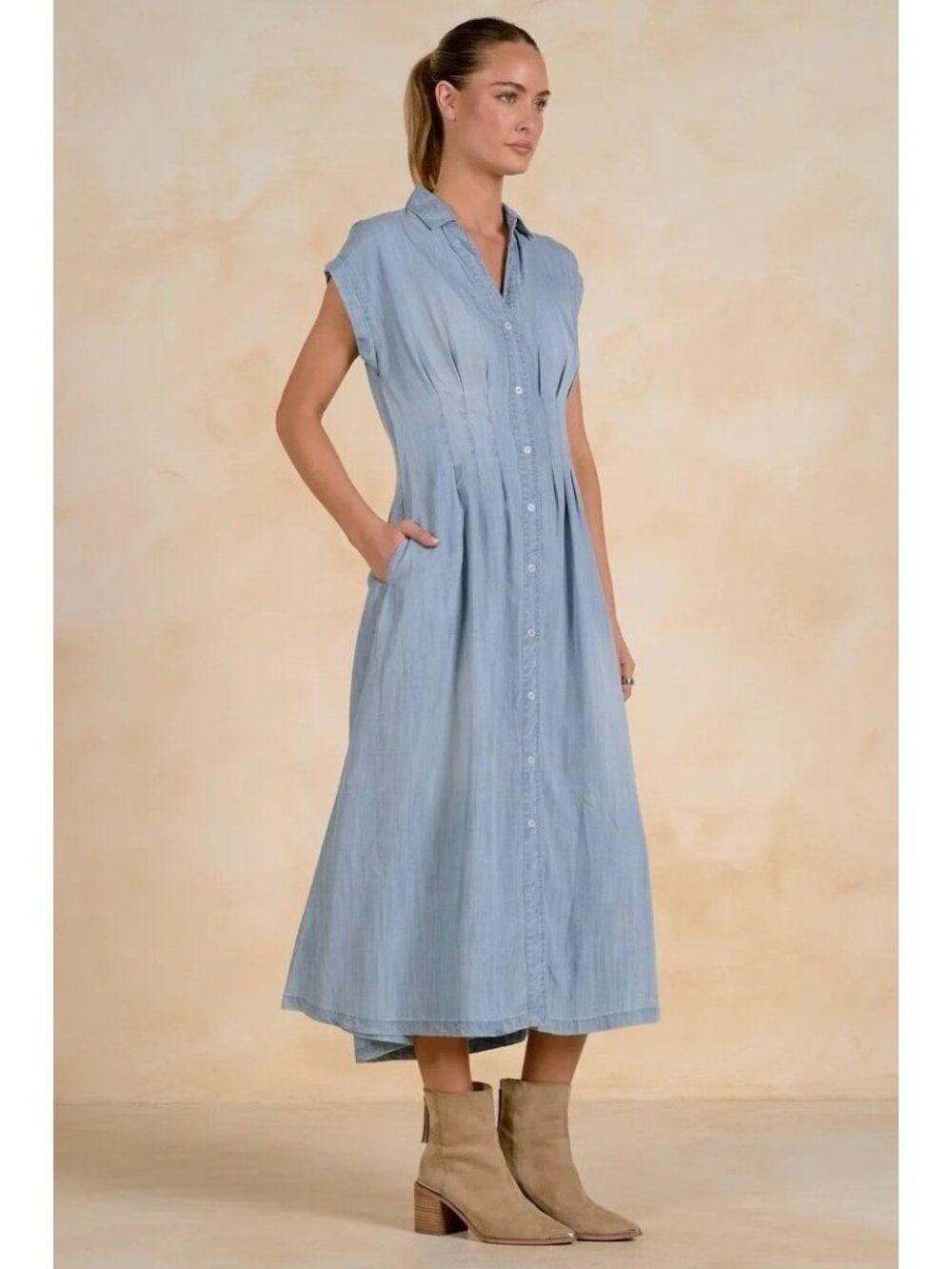 LL Bean Signature Women's XL Reg Pleated Chambray Midi Dress Pockets NEW